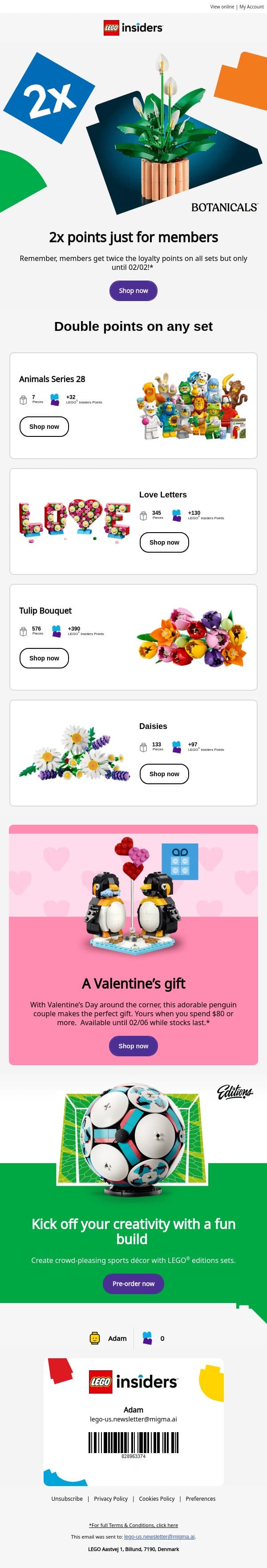 Don’t miss out on getting double, adam email from LEGO® screenshot
