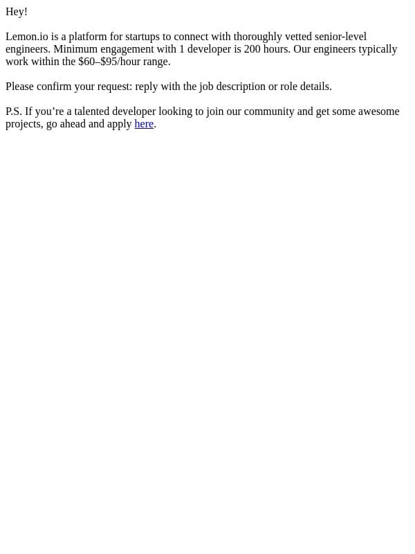 Welcome to Lemon.io! email from Lemon.io screenshot