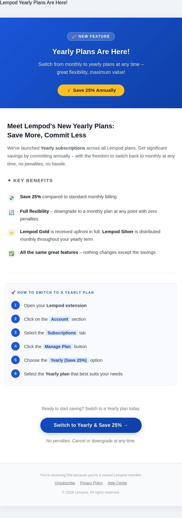 Meet Lempod's New Yearly Plans email from Lempod screenshot