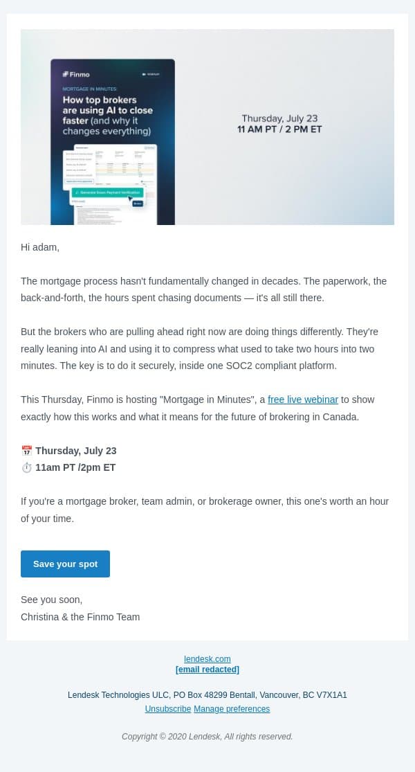 Save your spot: how top brokers use AI to close faster email from Lendesk screenshot