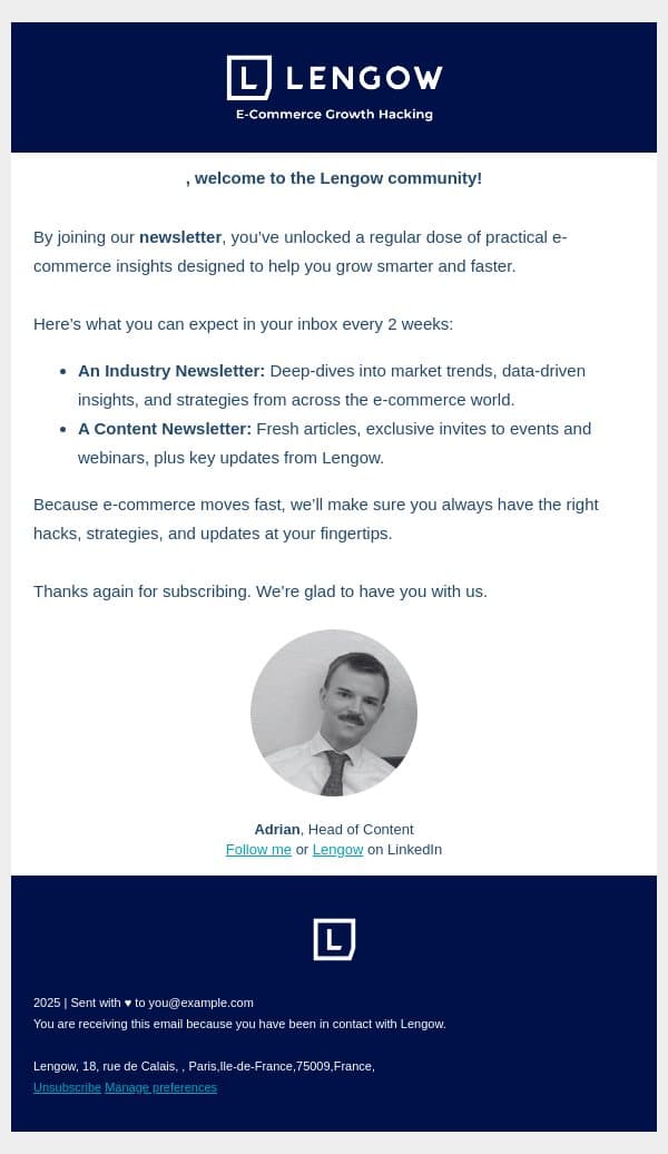 ✨ Thank you for subscribing and welcome to the Lengow community! email from Lengow screenshot