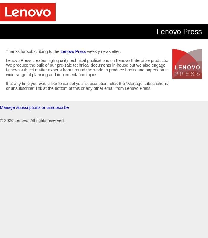 Lenovo Press Newsletter Subscription email from Lenovo screenshot