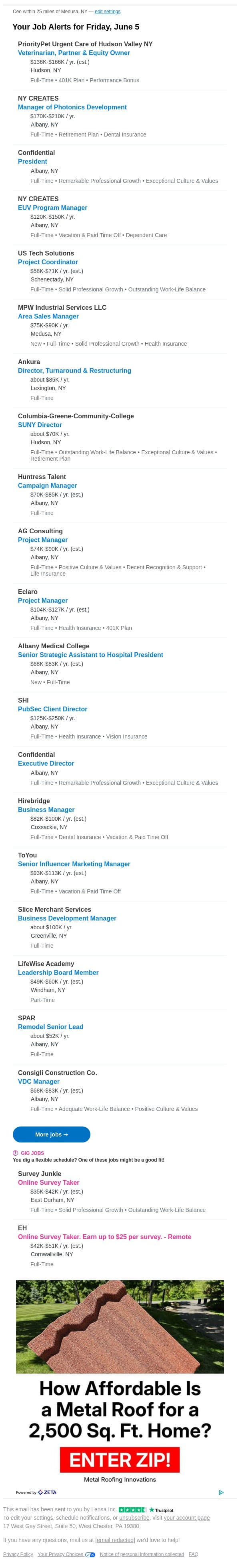 Apply for these new ceo jobs in Medusa, NY today email from Lensa screenshot