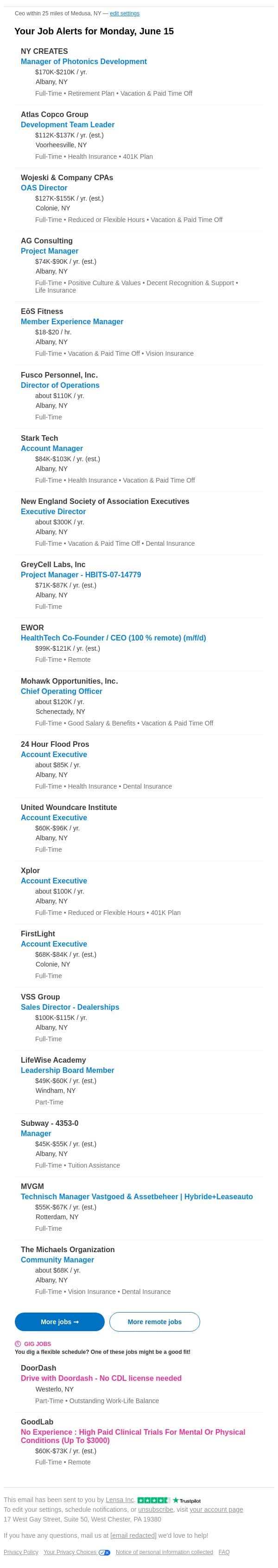 Ny Creates and others are hiring for Manager of Photonics Development in and around Albany, NY email from Lensa screenshot