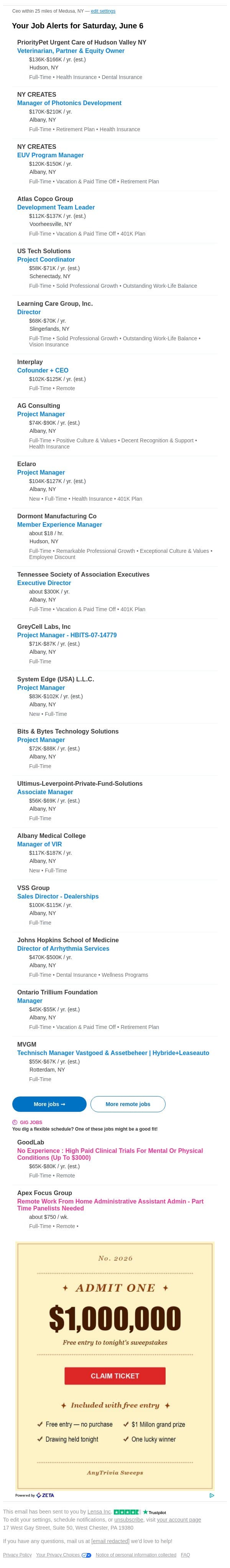 ceo jobs in Medusa, NY email from Lensa screenshot