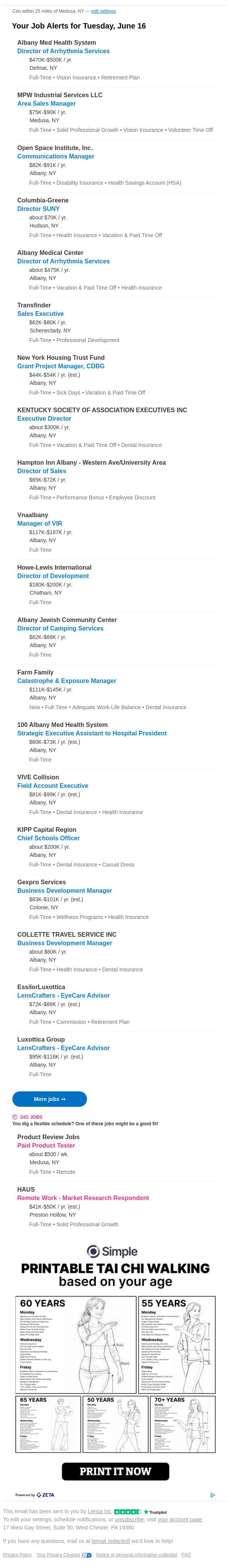 Adam, don't miss these new jobs in Delmar, NY email from Lensa screenshot