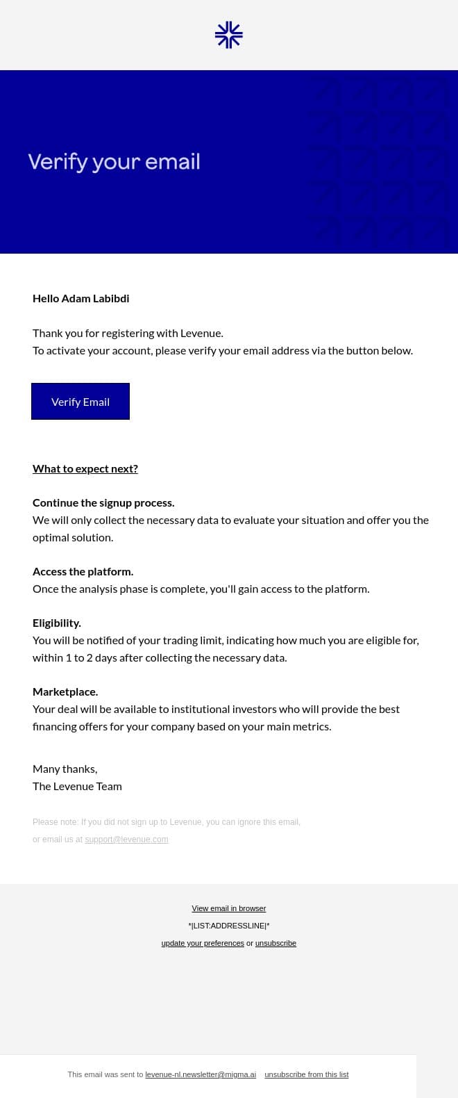 Confirm Your Signup email from Levenue screenshot