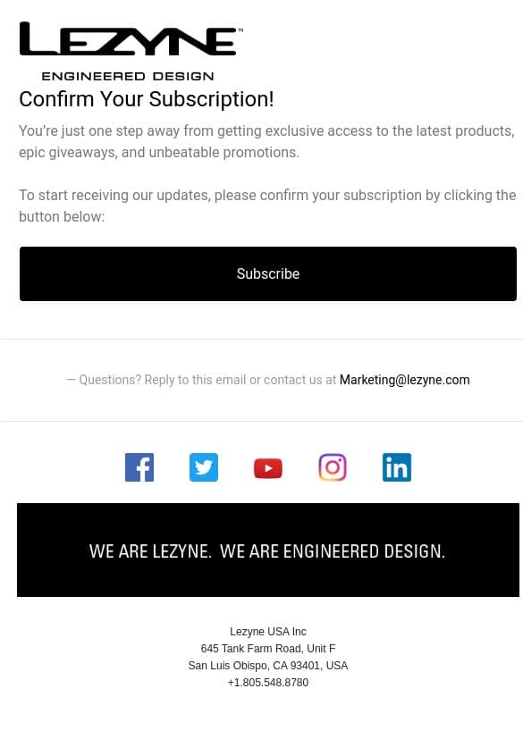 🚀 One More Step! Confirm Your Subscription email from Lezyne screenshot