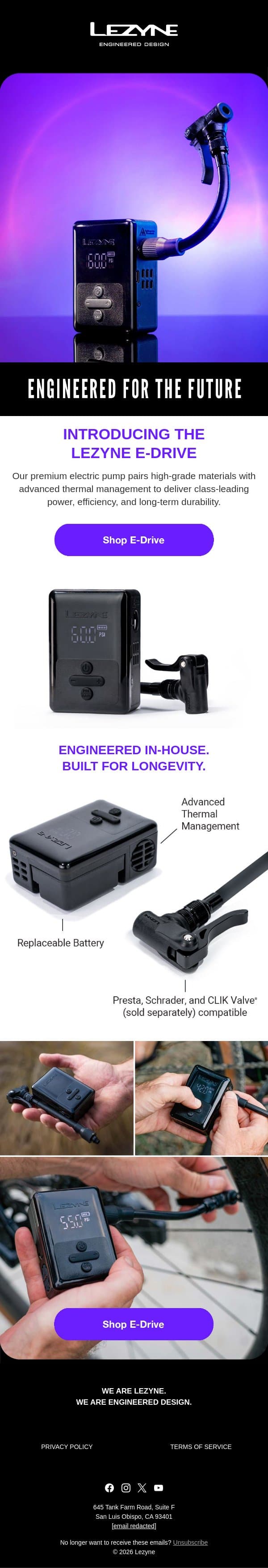 ⚡ Meet E-Drive. Electric Inflation. Built to Last. email from Lezyne screenshot