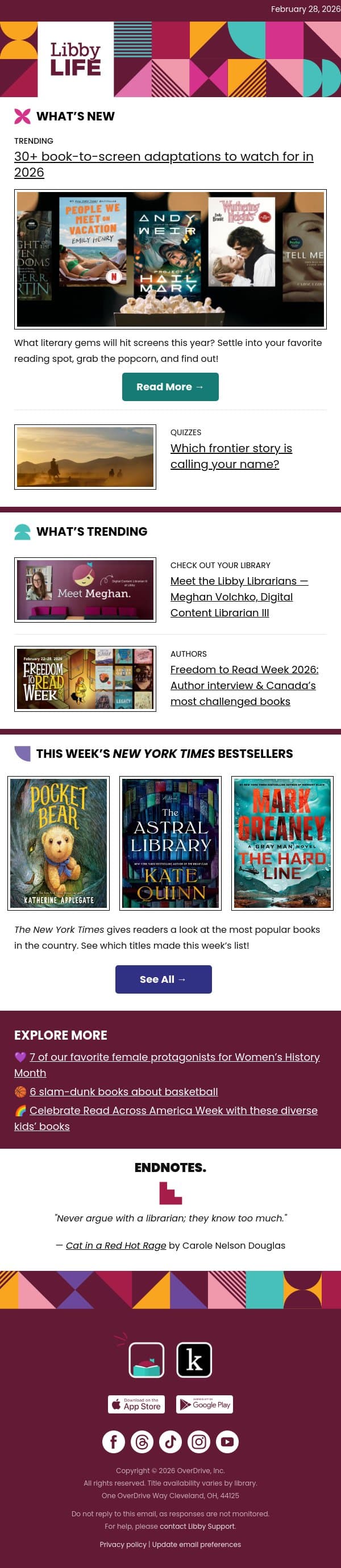 Your 2026 guide to books becoming movies email from Libby screenshot