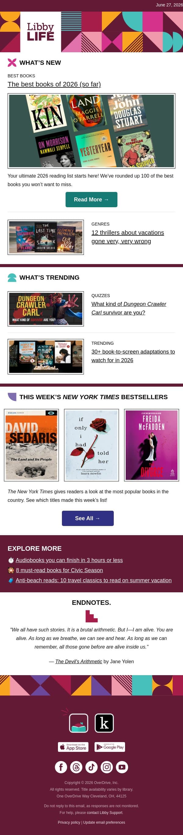 The best books of 2026 (so far) 🎉 email from Libby screenshot