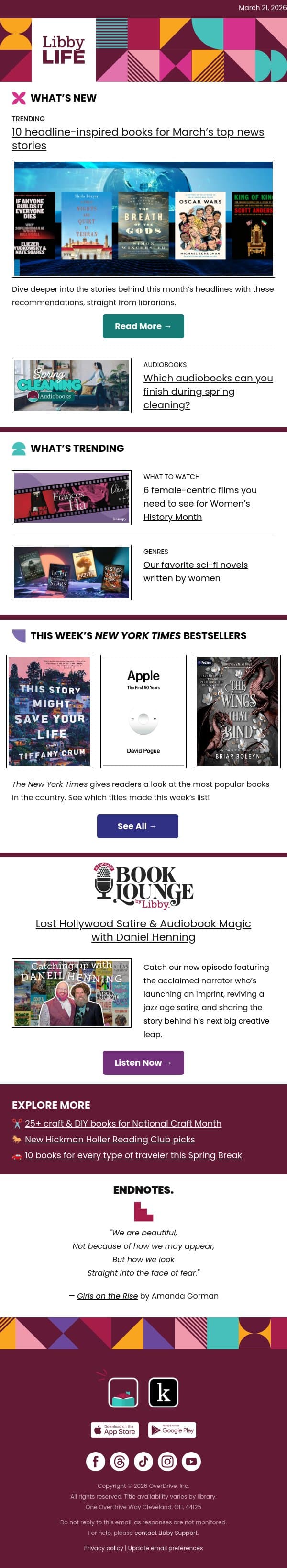 The books behind March’s breaking news 📰 email from Libby screenshot