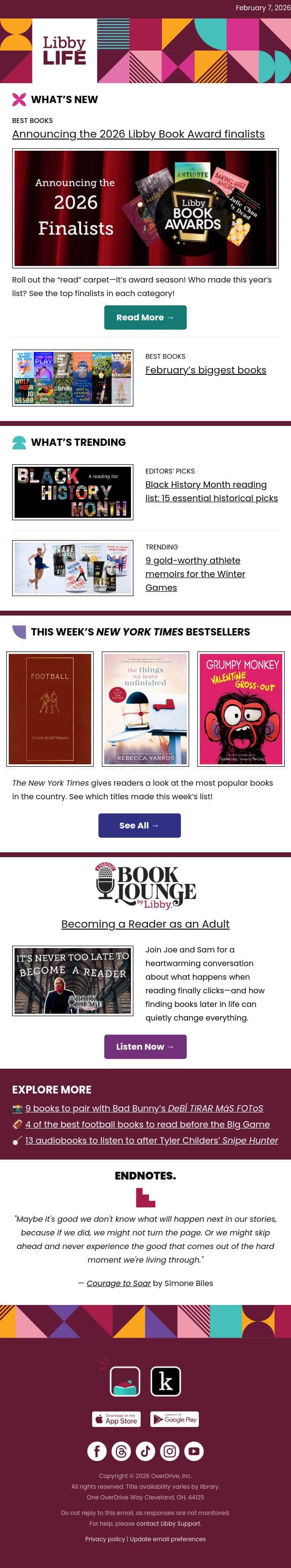 🏆Meet the 2026 Libby Book Award finalists! email from Libby screenshot