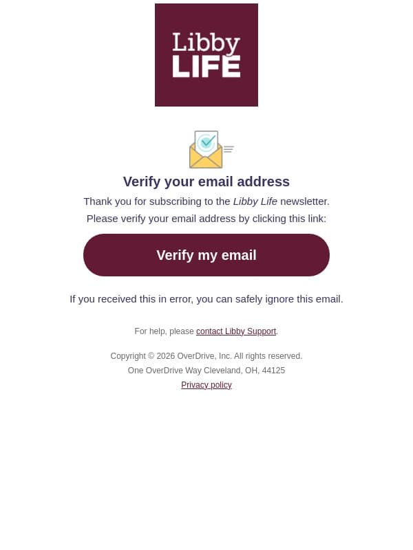 Libby Life newsletter: Please confirm your email address email from Libby screenshot
