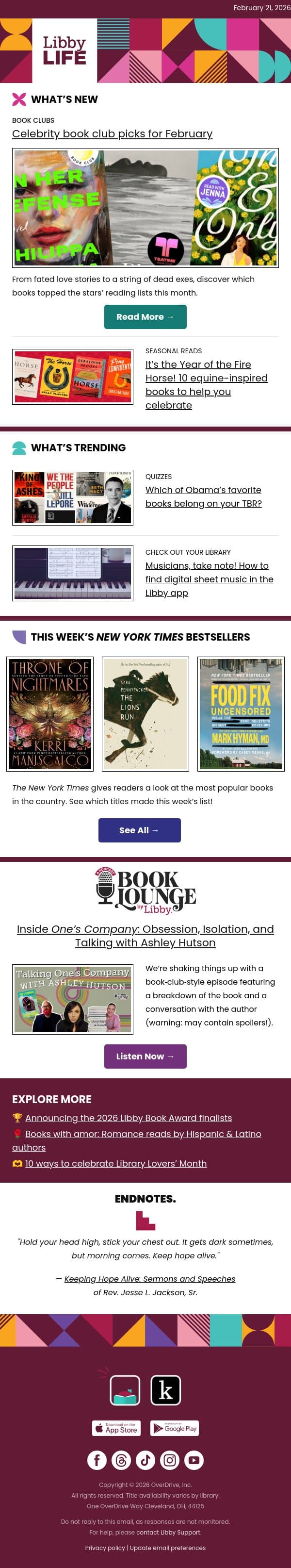February’s book club picks are... email from Libby screenshot