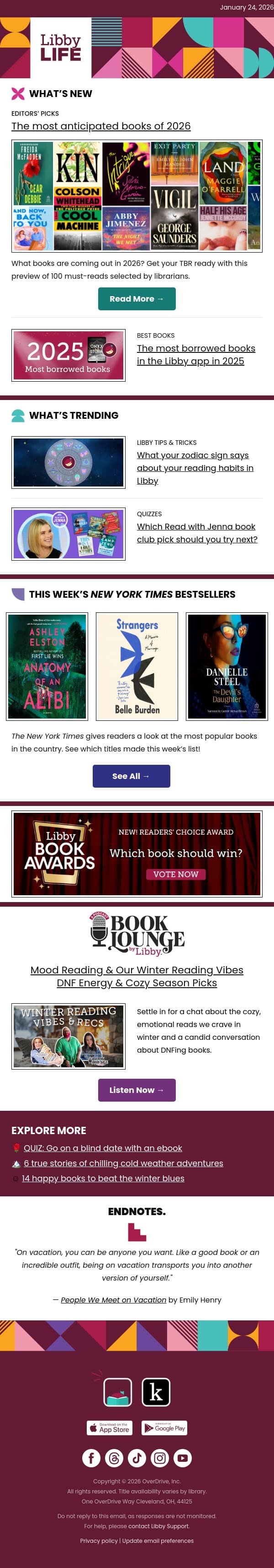 📖 100 must‑read books coming in 2026 email from Libby screenshot