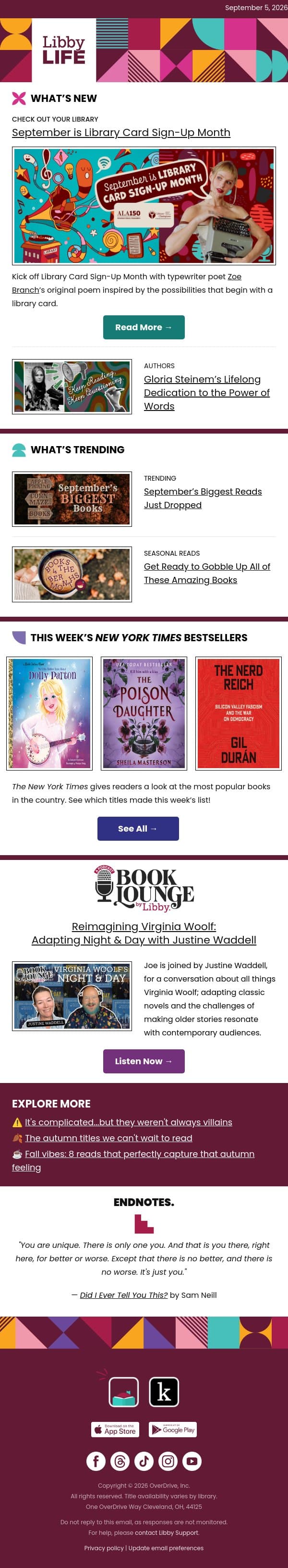 September at the Library: Library Cards, Gloria Steinem + More email from Libby screenshot