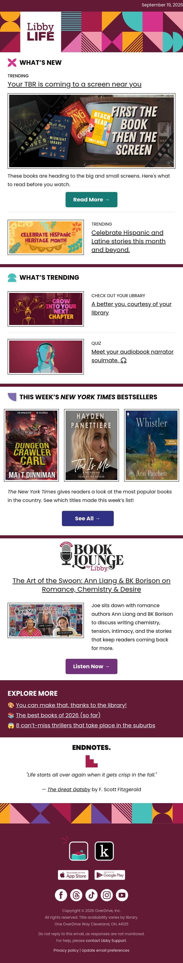 Books becoming movies, stories to celebrate & ways to level up email from Libby screenshot