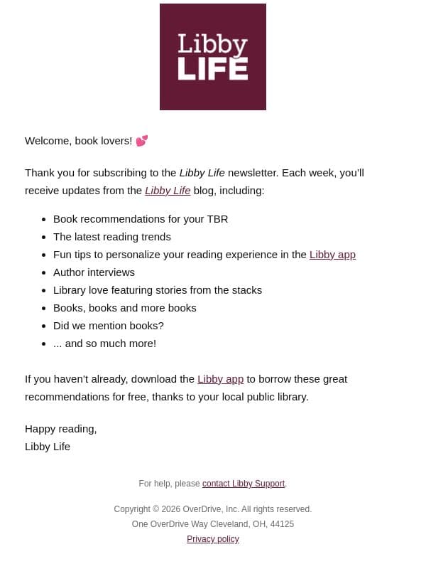 Welcome to Libby Life! email from Libby screenshot