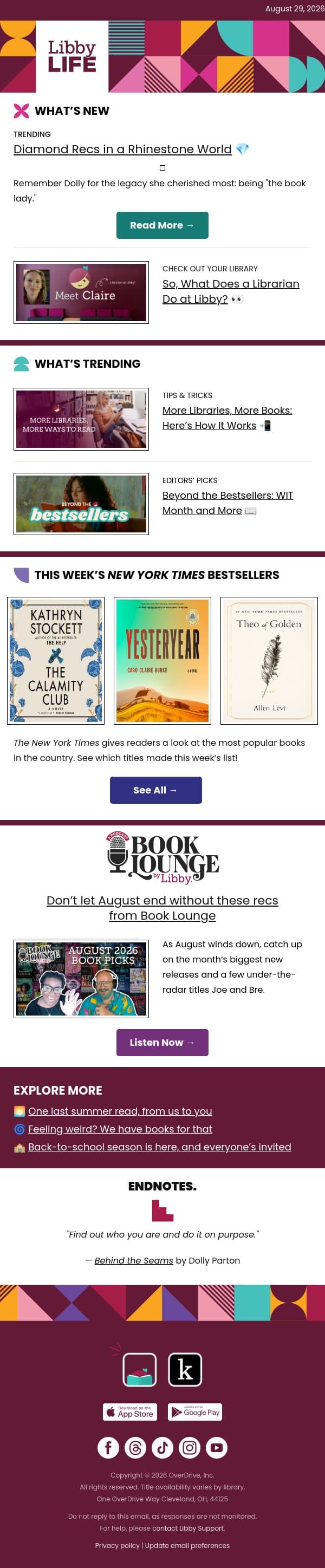 For the love of Dolly Parton, books & libraries 💖 email from Libby screenshot