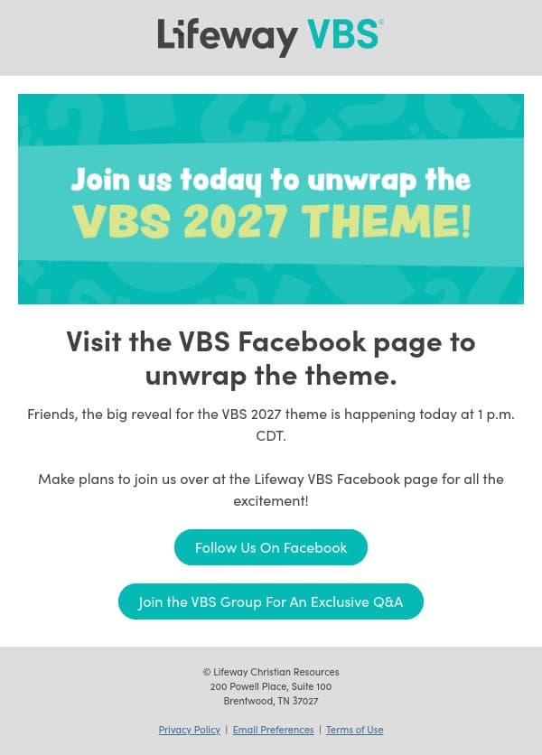 Join us today to unwrap the VBS 2027 theme! email from Lifeway screenshot