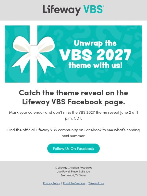 Unwrap the VBS 2027 theme with us! email from Lifeway screenshot