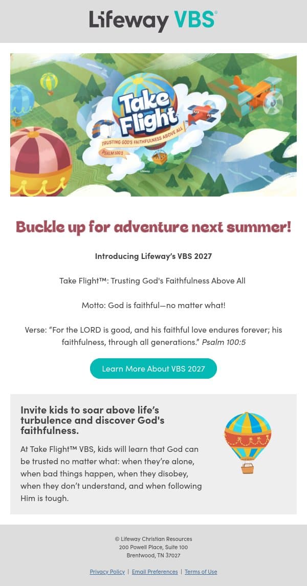 Lifeway’s VBS 2027 theme announcement is here. email from Lifeway screenshot
