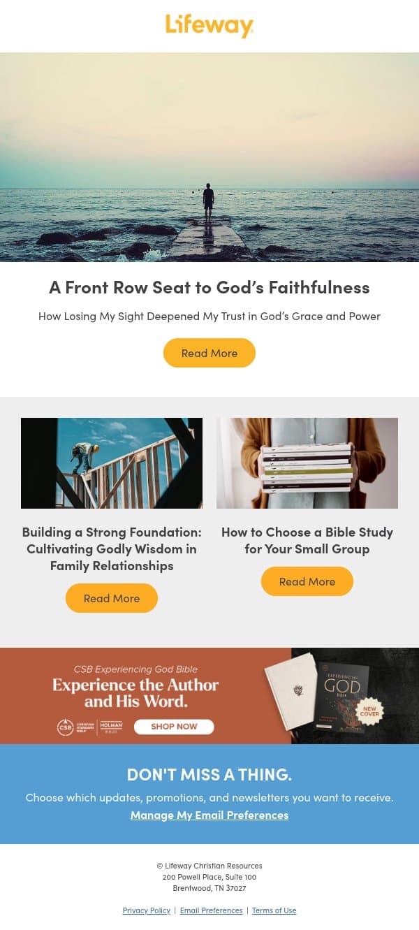 A front row seat to God's faithfulness email from Lifeway screenshot