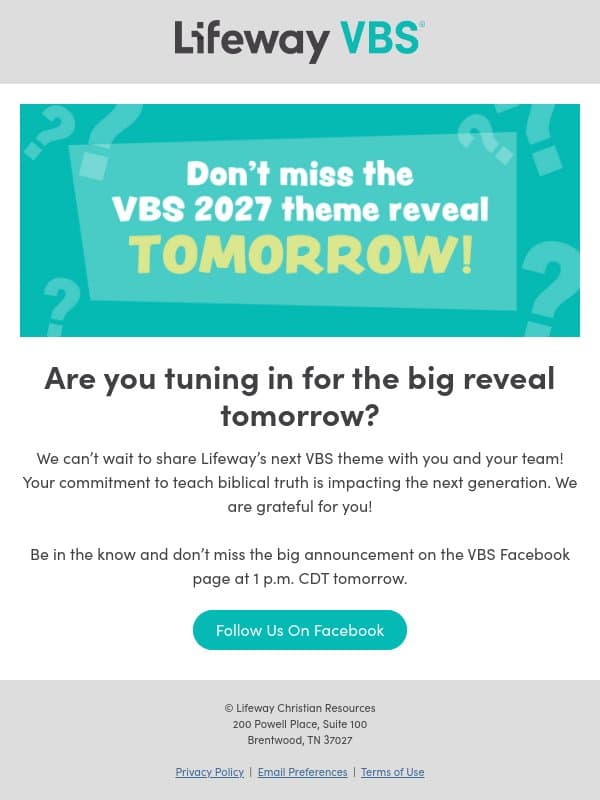 Don’t miss the VBS 2027 theme reveal tomorrow! email from Lifeway screenshot