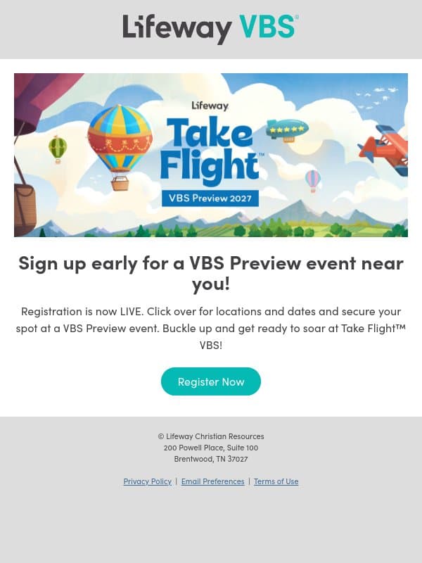 VBS 2027 Preview event registration is LIVE! email from Lifeway screenshot