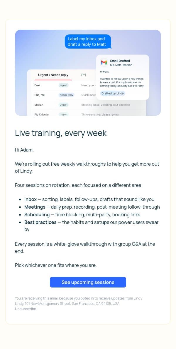 Live training every week email from Lindy screenshot