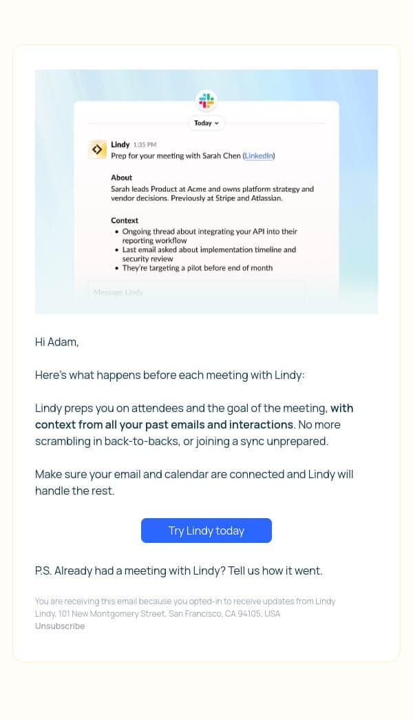No agenda? No problem email from Lindy screenshot