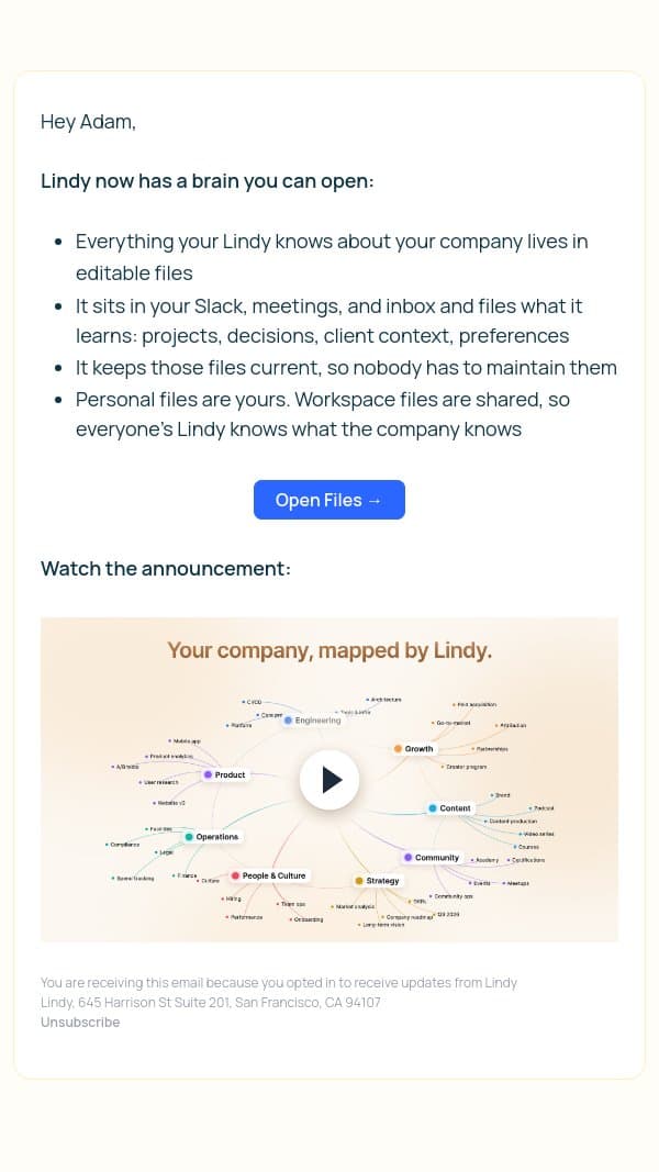 Announcing the Lindy file system email from Lindy screenshot