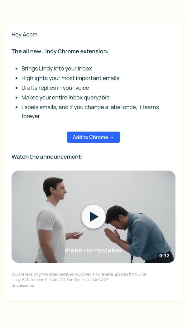 Announcing the Lindy Chrome extension email from Lindy screenshot
