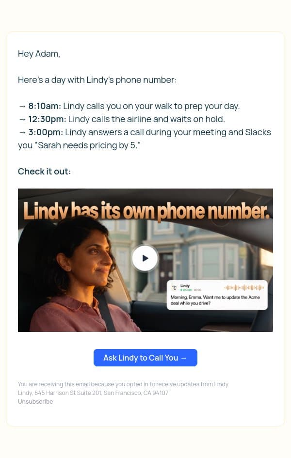 A day with Lindy's phone number email from Lindy screenshot