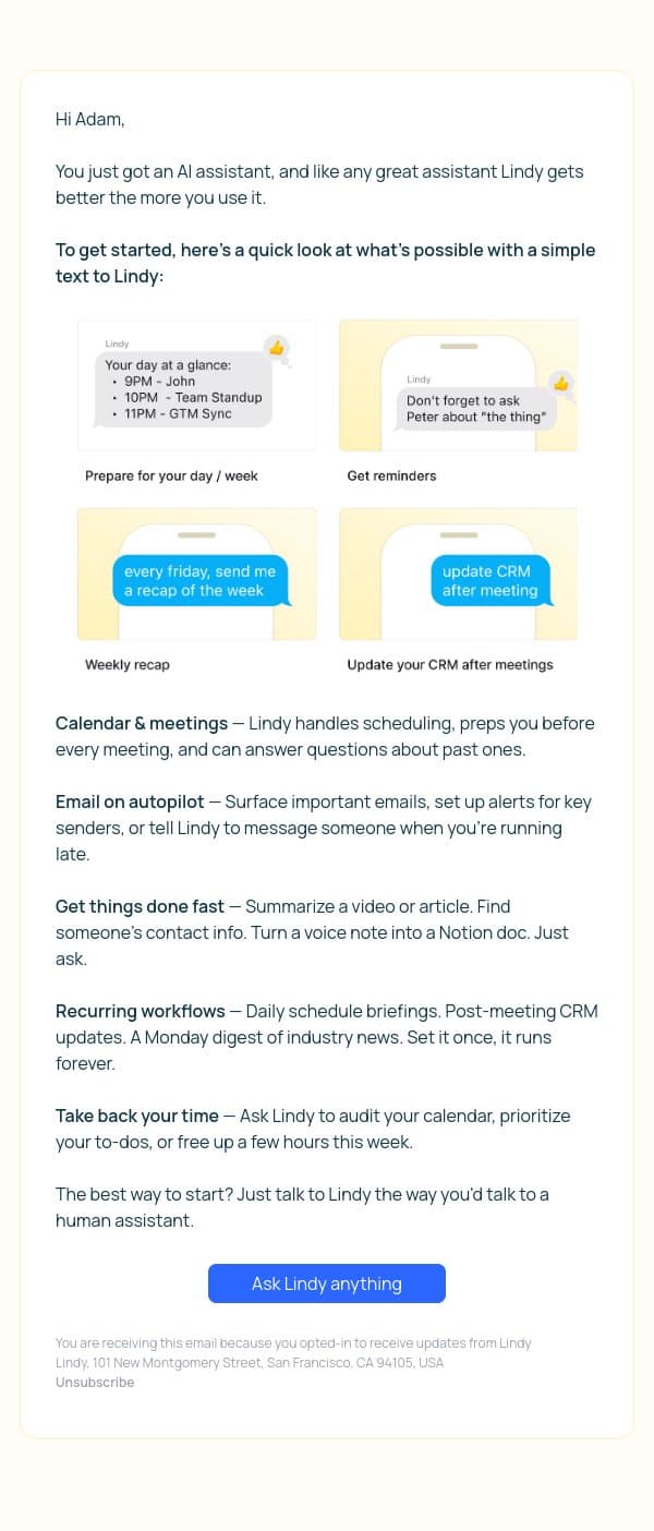 Here's what to ask your new AI assistant email from Lindy screenshot