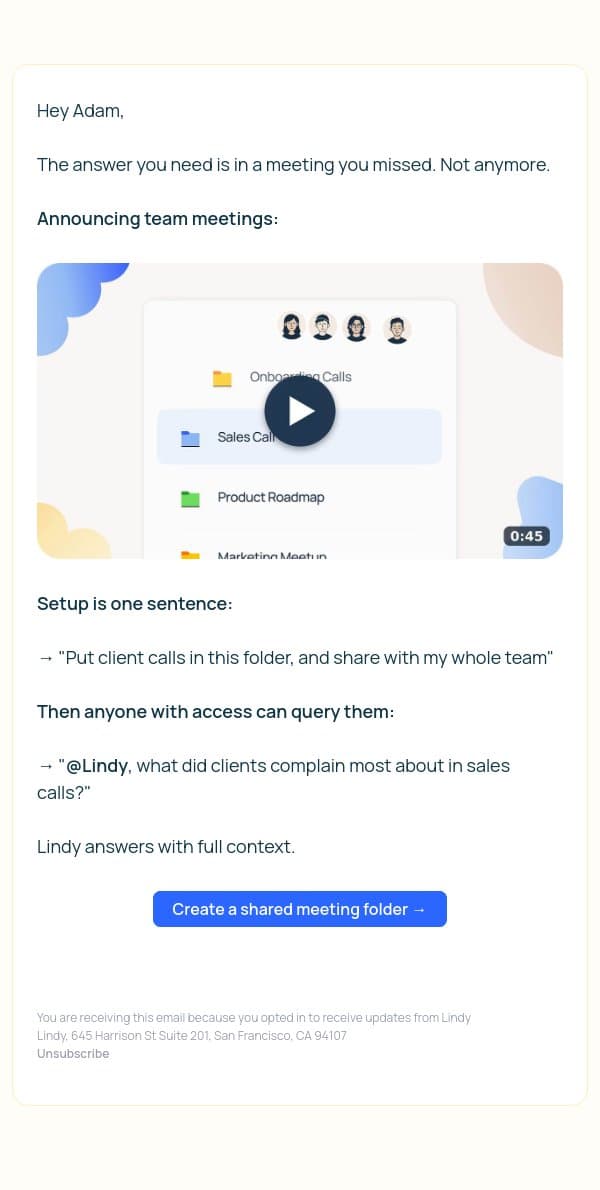 Your meetings are now shareable! email from Lindy screenshot