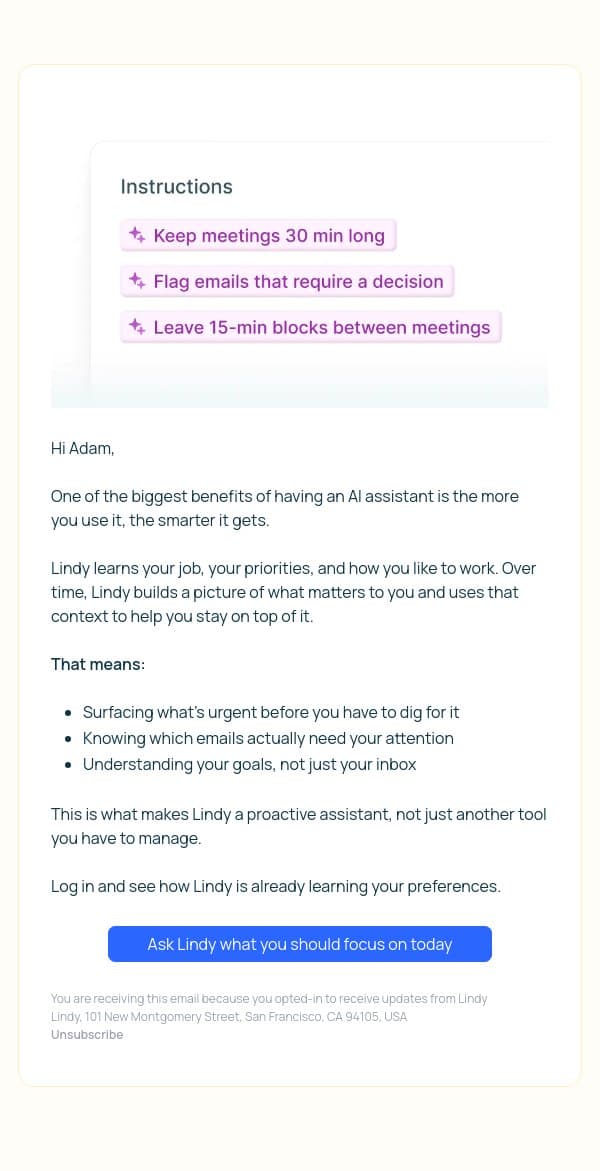 Your personalized AI assistant that learns as you go email from Lindy screenshot