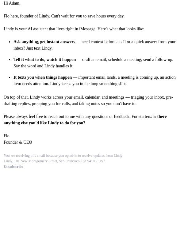 Welcome to Lindy email from Lindy screenshot