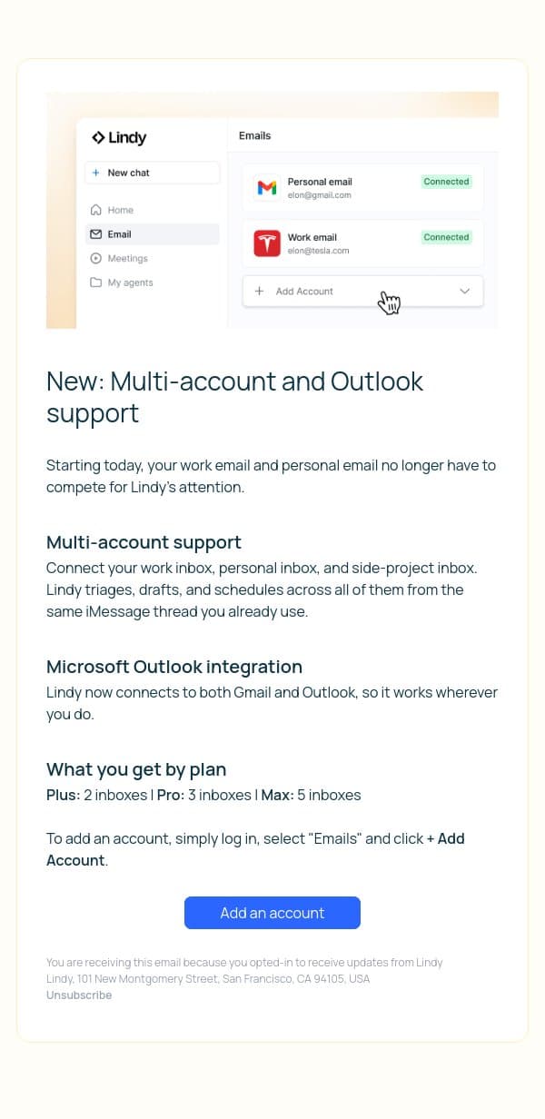 All your inboxes. One Lindy. email from Lindy screenshot