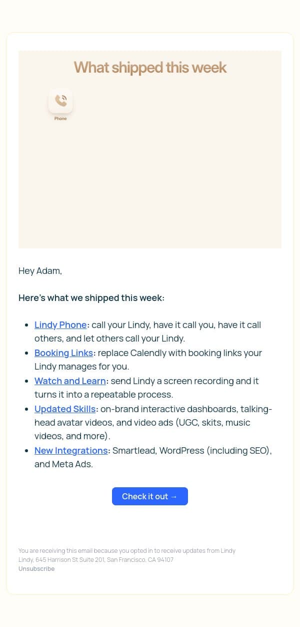 New: Booking Links + 4 more updates email from Lindy screenshot