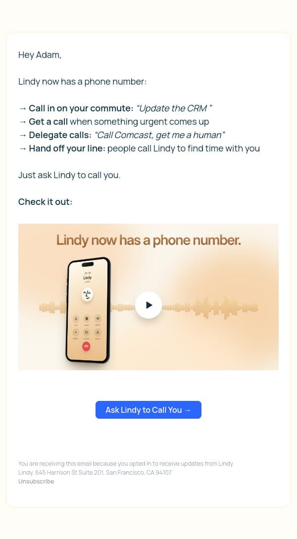 Lindy has a phone number now email from Lindy screenshot