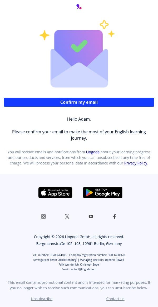 Confirm your email address email from Lingoda screenshot