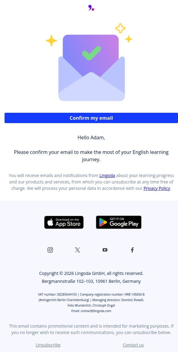 Please confirm your email for us email from Lingoda screenshot