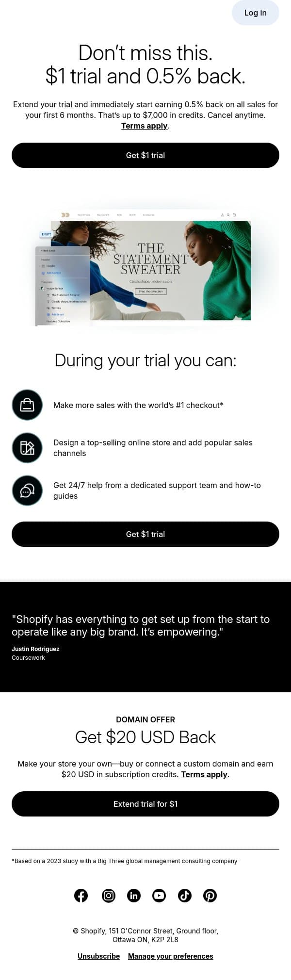 Get an additional 3 months of Shopify for $1/mo email from LinkPop screenshot