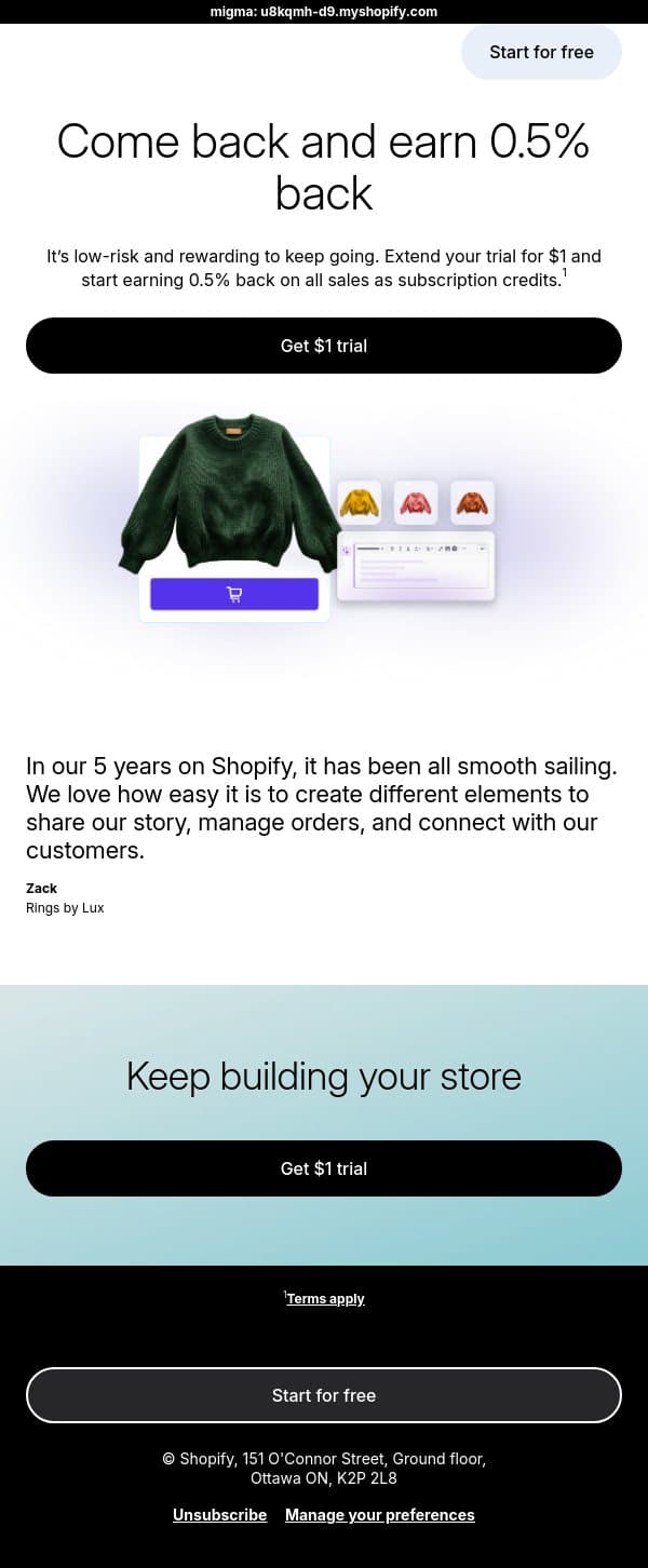 Sign up for a plan to earn 0.5% back on all sales email from LinkPop screenshot