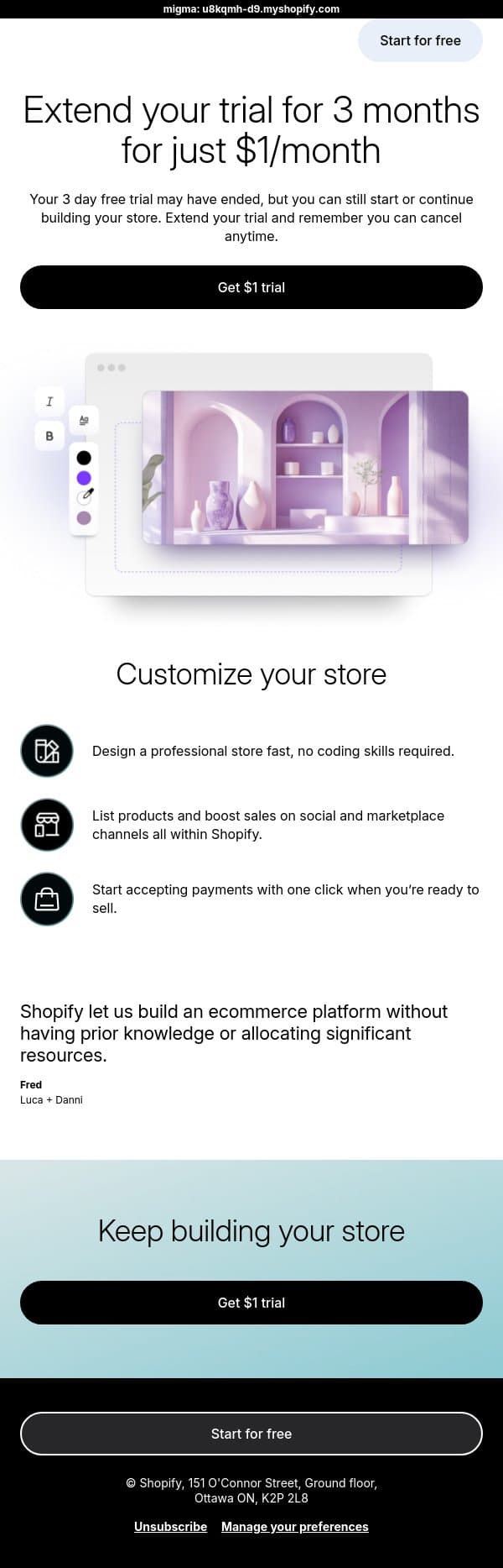 Get 3 months of Shopify for only $1 email from LinkPop screenshot