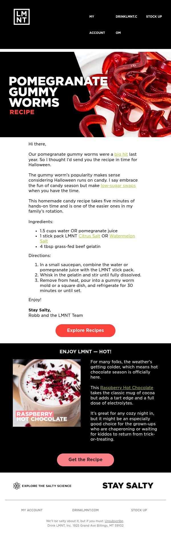 3 ingredients, 1 scary good Halloween recipe email from LMNT screenshot