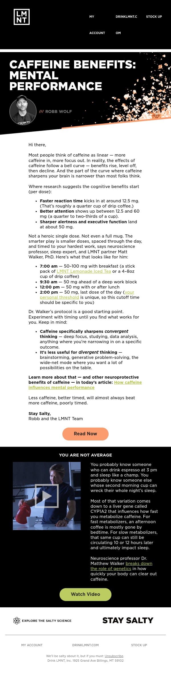 How a neuroscientist times his caffeine email from LMNT screenshot