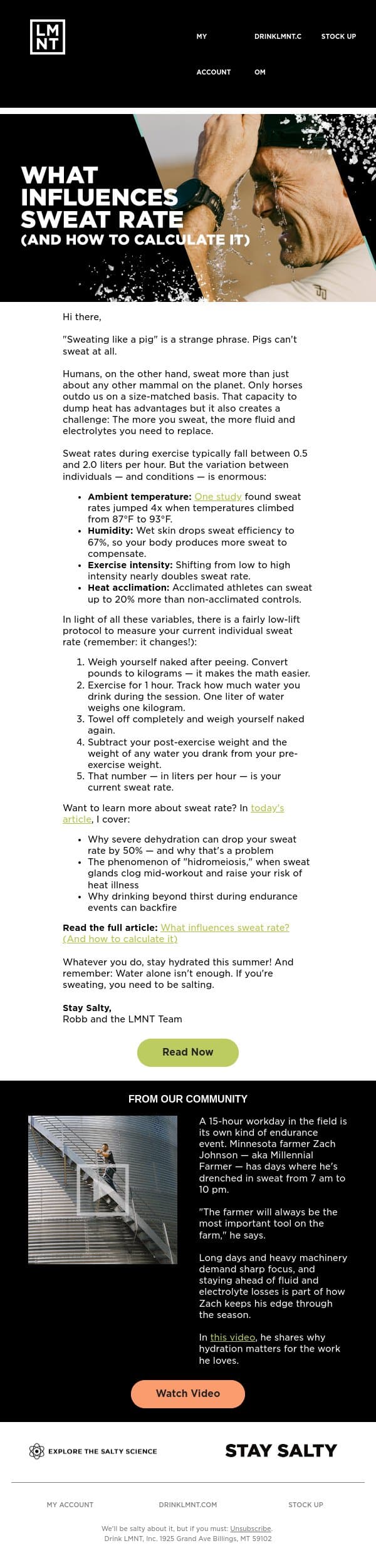 Calculate your sweat rate at home 😰 email from LMNT screenshot